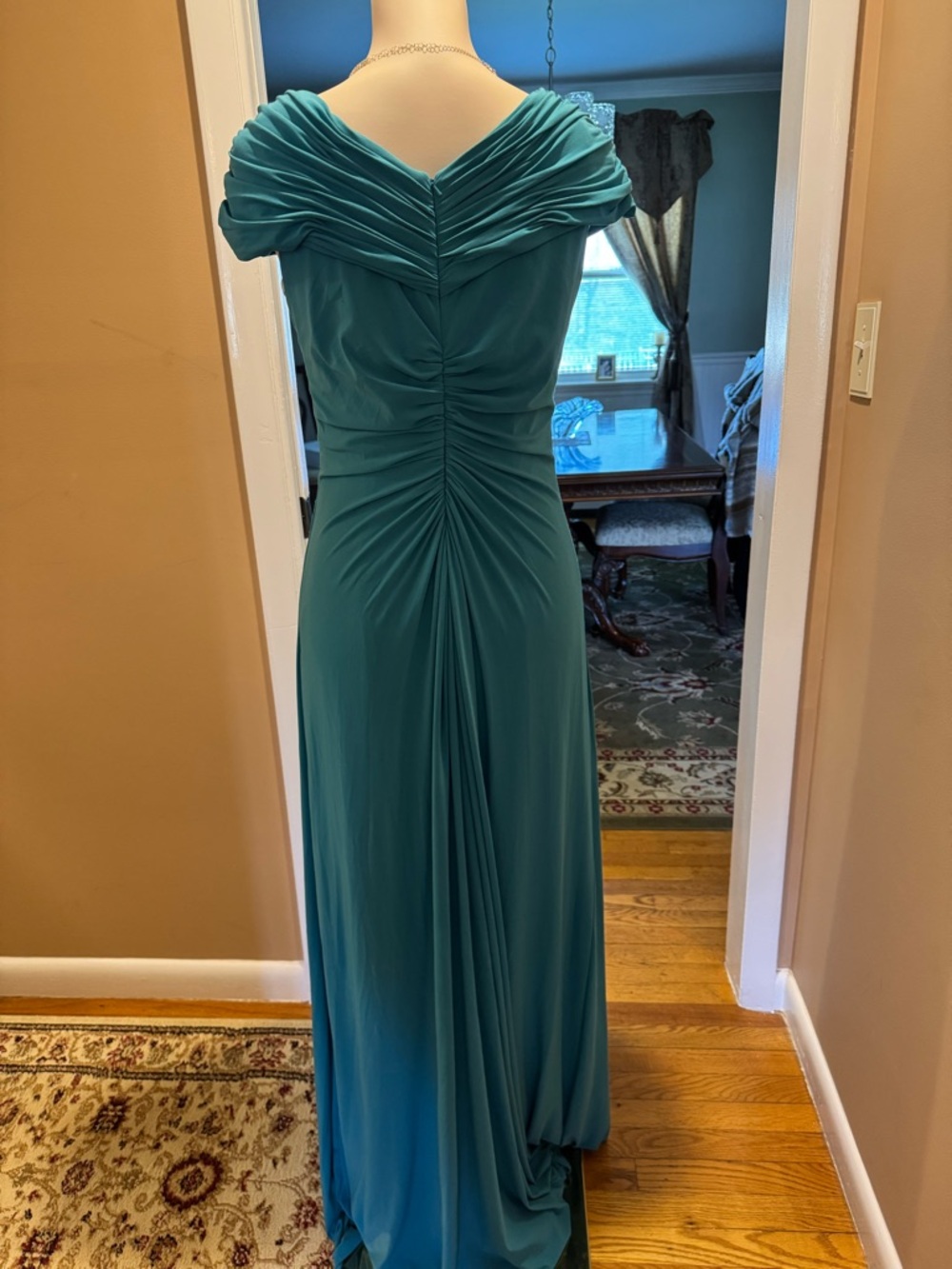 Teal Ruched V-Neck Evening Gown with Embellished Front - Picture 3 of 3